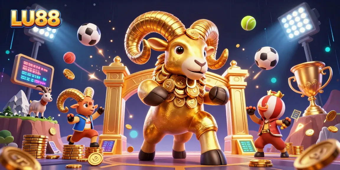 LU88 delivers an immersive gambling experience with a dynamic scene featuring a golden ram amidst sports betting elements.