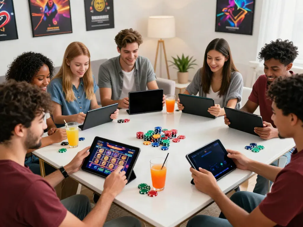 Friends enjoying the best non gamstop casinos on mobile devices in a lively gaming atmosphere.
