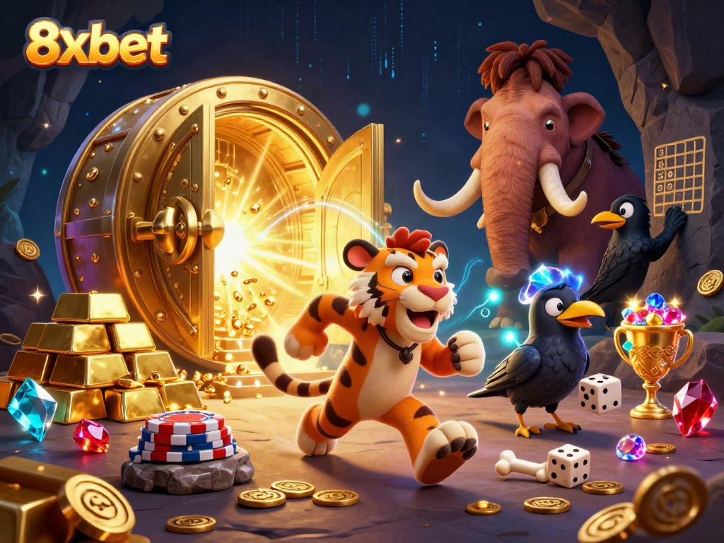 Experience thrilling casino action with 8xbet's prehistoric duo alongside sparkling treasures and vibrant scenes.