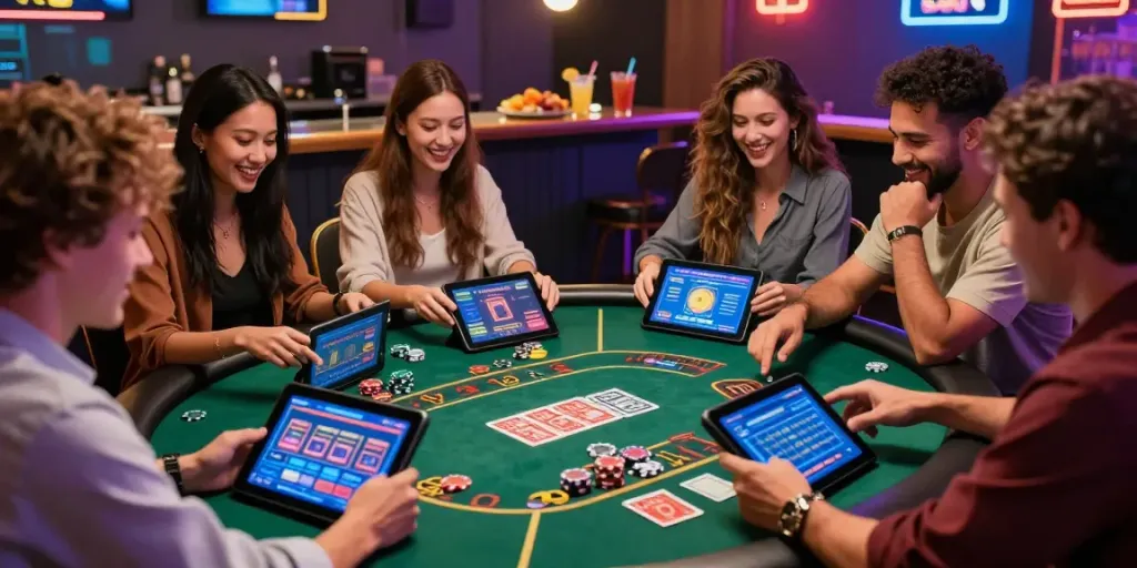 Engaged group playing games at the best non gamstop casinos, showcasing excitement and fun around a gaming table.
