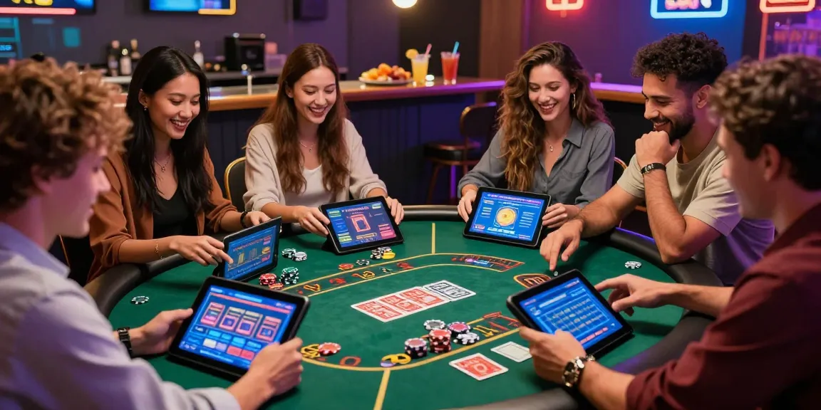 Engaged group playing games at the best non gamstop casinos, showcasing excitement and fun around a gaming table.