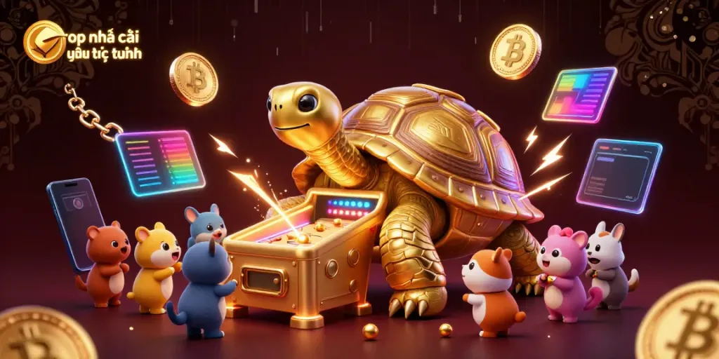 Engage with top nhà cái uy tín trực tuyến as a golden tortoise pinball machine showcases vibrant, interactive gaming.