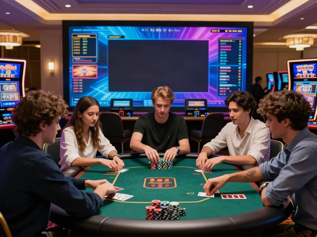 Group enjoying games at the best non gamstop casinos in a vibrant casino setting.