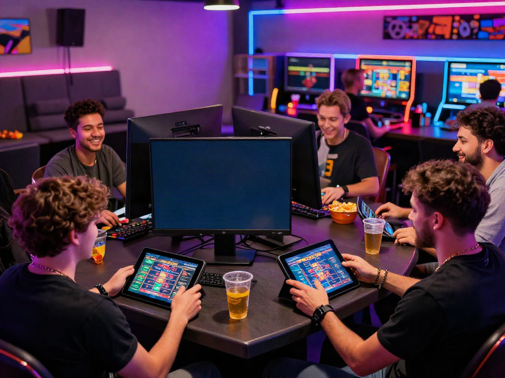 Exciting gaming room scene showcasing friends enjoying the best non gamstop casinos together, highlighting camaraderie and thrill.