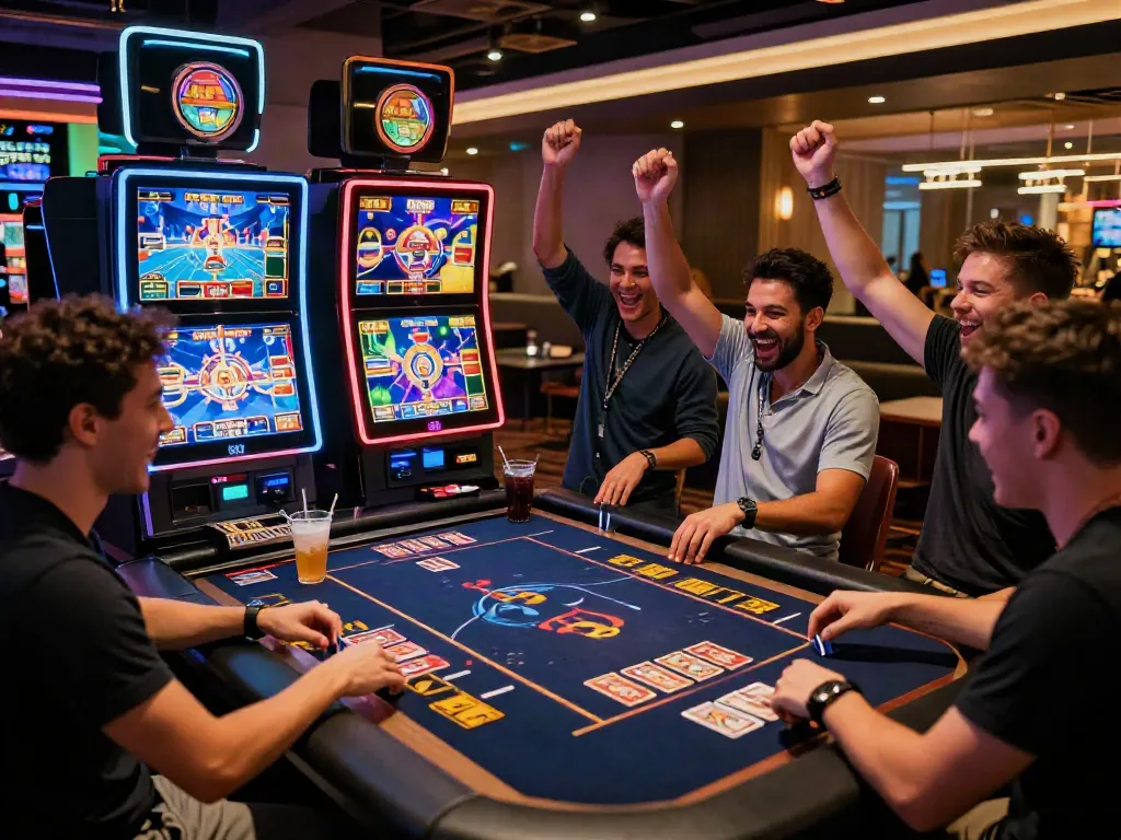 Friends enjoying the best non GamStop casinos at a lively gaming table.