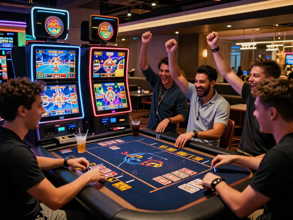 Friends enjoying the best non GamStop casinos at a lively gaming table.