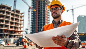 New Jersey Construction Manager supervising an active construction site with blueprints in hand.