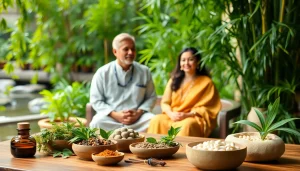 Engage in an Ayurveda Consultation with a relaxed atmosphere featuring herbs and natural elements.