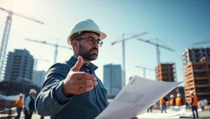 Manhattan Construction Manager overseeing a busy construction site with blueprints and workers.