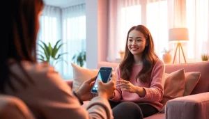 Engaging AI girlfriend character in a cozy living room, symbolizing digital companionship.