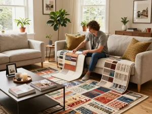 Stylish living room featuring affordable carpets London with a couple selecting samples.