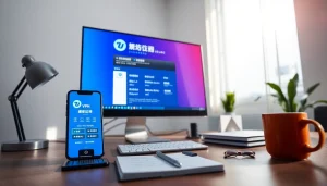 在专业环境中，现代电脑工作站上显示的快连官网界面。