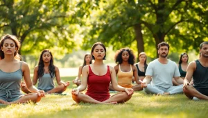 Engage in group meditation for mental wellness in a serene outdoor setting, promoting relaxation and focus.