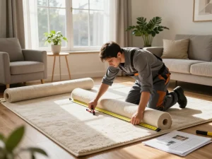 Home carpet fitting services provided by an expert installer in a bright living room.