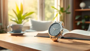 Showcasing the elegant Ladies Classic Smart Watch on a modern table, surrounded by stylish décor.