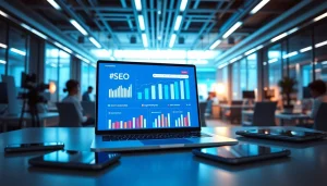 Visual representation of SEO Rank analytics displayed on a digital device in a modern office.