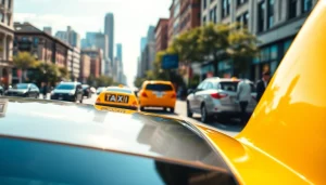Taxi in a bustling city with bright yellow cab and vibrant street life.