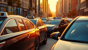 Showcasing taxis in a bustling urban environment, highlighting vibrant city life.