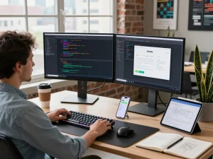 Developer using a Mac mini in a modern workspace with dual monitors and tech tools.