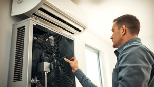 Providing AC Repair Tampa services, a technician fixes an air conditioning unit in a sunny interior.