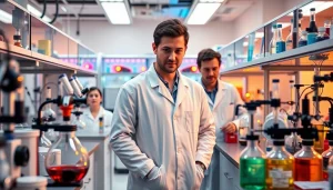 Discovering new peptides UK in an advanced laboratory setting with dedicated researchers.