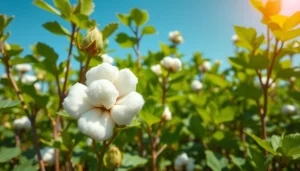 Katoenplanten groeien in een zonnig veld met weelderige groene bladeren.