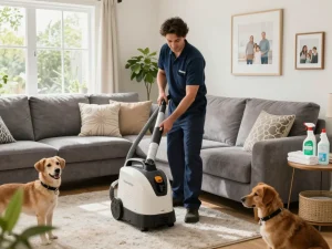 Upholstery cleaning process in a bright living room, showcasing expert cleaning techniques for Cleaning & maintenance blogs.