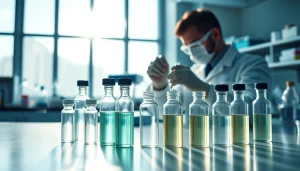 Peptides displayed in a professional laboratory setting with vials and research equipment.