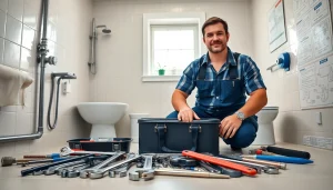Plumber near me working efficiently in a modern bathroom, showcasing tools and a professional setup.