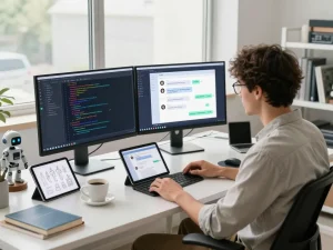 Developer creating a spicy AI chatbot application in a modern office