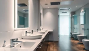 Enhance your space with this commercial washroom refurbishment showcasing modern design and elegant fixtures.