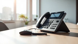 Showcasing a sleek business phone on a stylish desk to illustrate modern communication solutions.