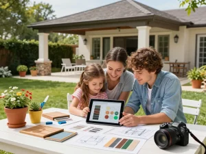 Family using a veranda configurator on a tablet to design their outdoor living space with plants and materials around.