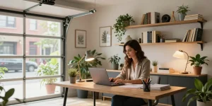 Garage conversions transformed into a stylish home office with a woman working.