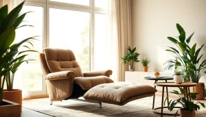 Experience comfort with a sleep chair recliner set in a serene modern living space.