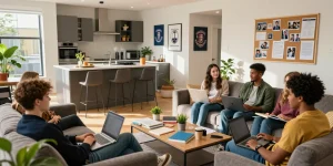 Modern student accommodation in Northampton featuring relaxed students in a cozy shared living space.