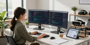 Developer coding and collaborating in a modern workspace with innovative tech elements focused on ia +18.