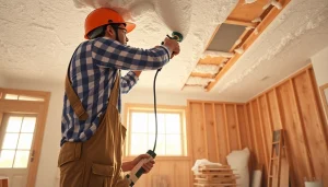 Worker carefully remove spray foam insulation from a ceiling in a bright, orderly room.