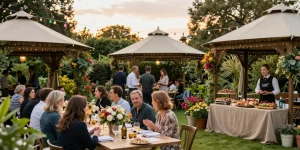 Guests enjoying a vibrant garden party under stylish gazebos from https://www.gazebohirelondon.co.uk/ highlighting event coordination and festive ambiance.