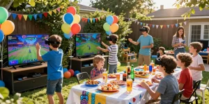 Boys birthday party with gaming setups, VR activities, and festive decorations in a backyard setting.