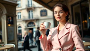 Captivating scene of Mademoisele enjoying a coffee in a Parisian café, portraying elegance and style.