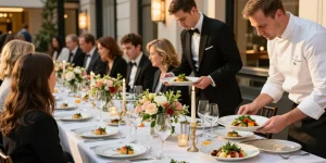 Catering Hire London showcasing an elegant banquet setup with gourmet dishes and attentive service at a stylish venue.