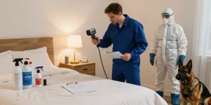 bed bug exterminator technician scanning for pests with professional tools in a clean bedroom