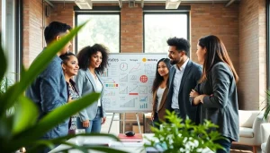 Engaged team analyzing ways to adverise your business in a modern office setting.