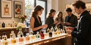 Discovering classic perfumes at a luxurious boutique, showcasing elegant bottles and timeless fragrances.