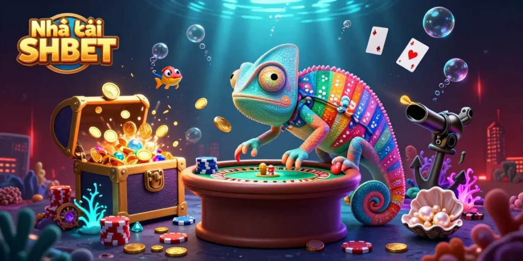 Experience thrilling gameplay at Nhà cái SHBET with dynamic casino elements and a colorful chameleon.