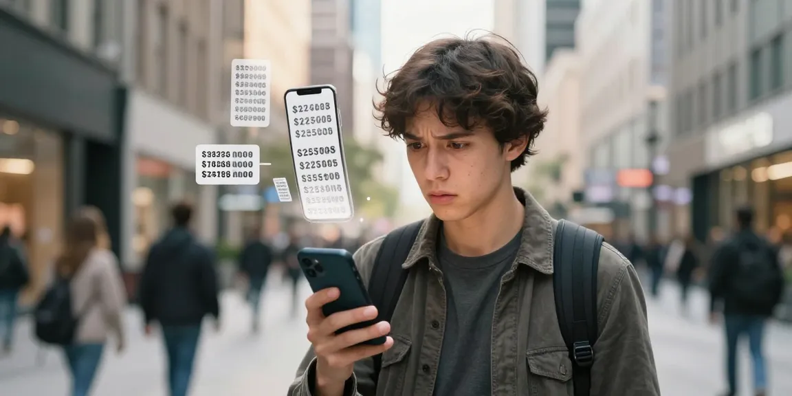 Person in an urban environment pondering whose number is this while holding a smartphone amidst city life.