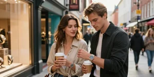 Couple showcasing stylish Rolex replica watches while exploring vibrant city streets.