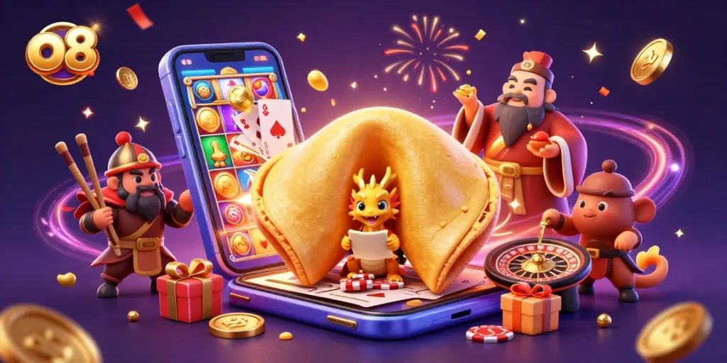 Experience the excitement of o8 with a vibrant scene showcasing gambling, fortune cookies, and celebrations.