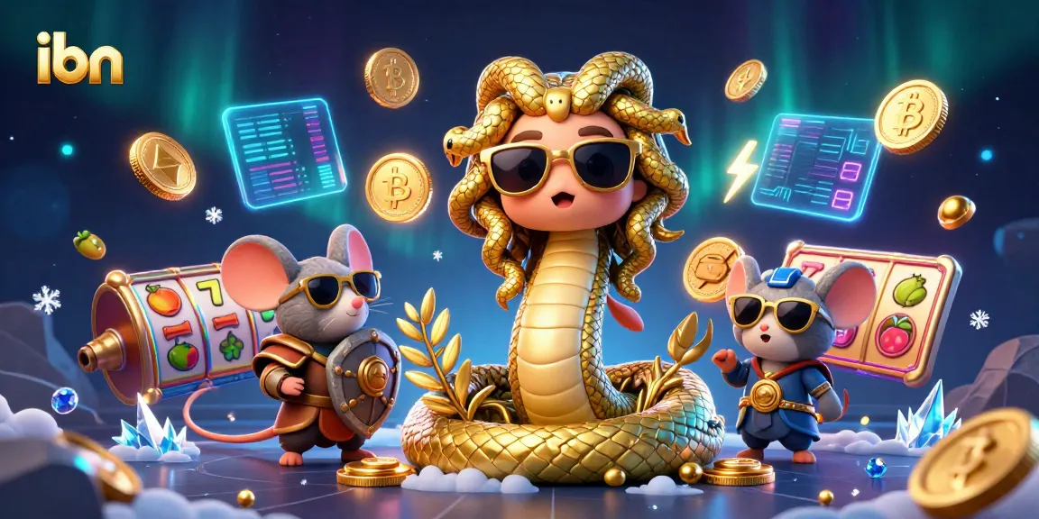 Play slots at ibn with a charming Medusa and warrior mouse in a dynamic, colorful scene.